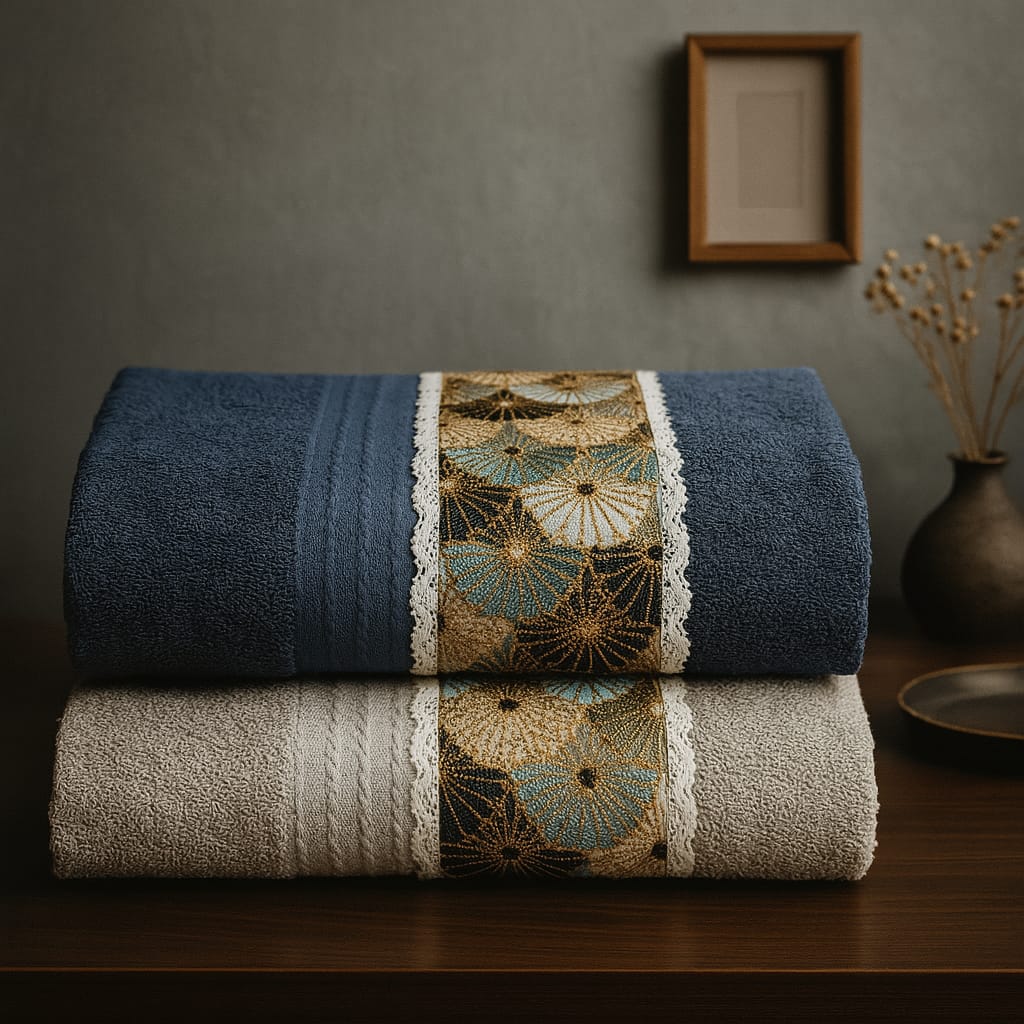 Appliqué Towel Set – Embroidered Luxe in Indigo & Sand