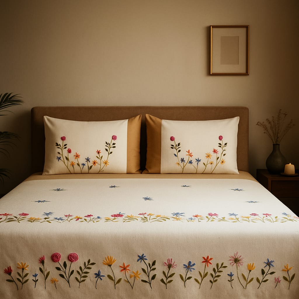 Tulip Embroidery Bed Cover – Handcrafted Floral Charm (King Size)